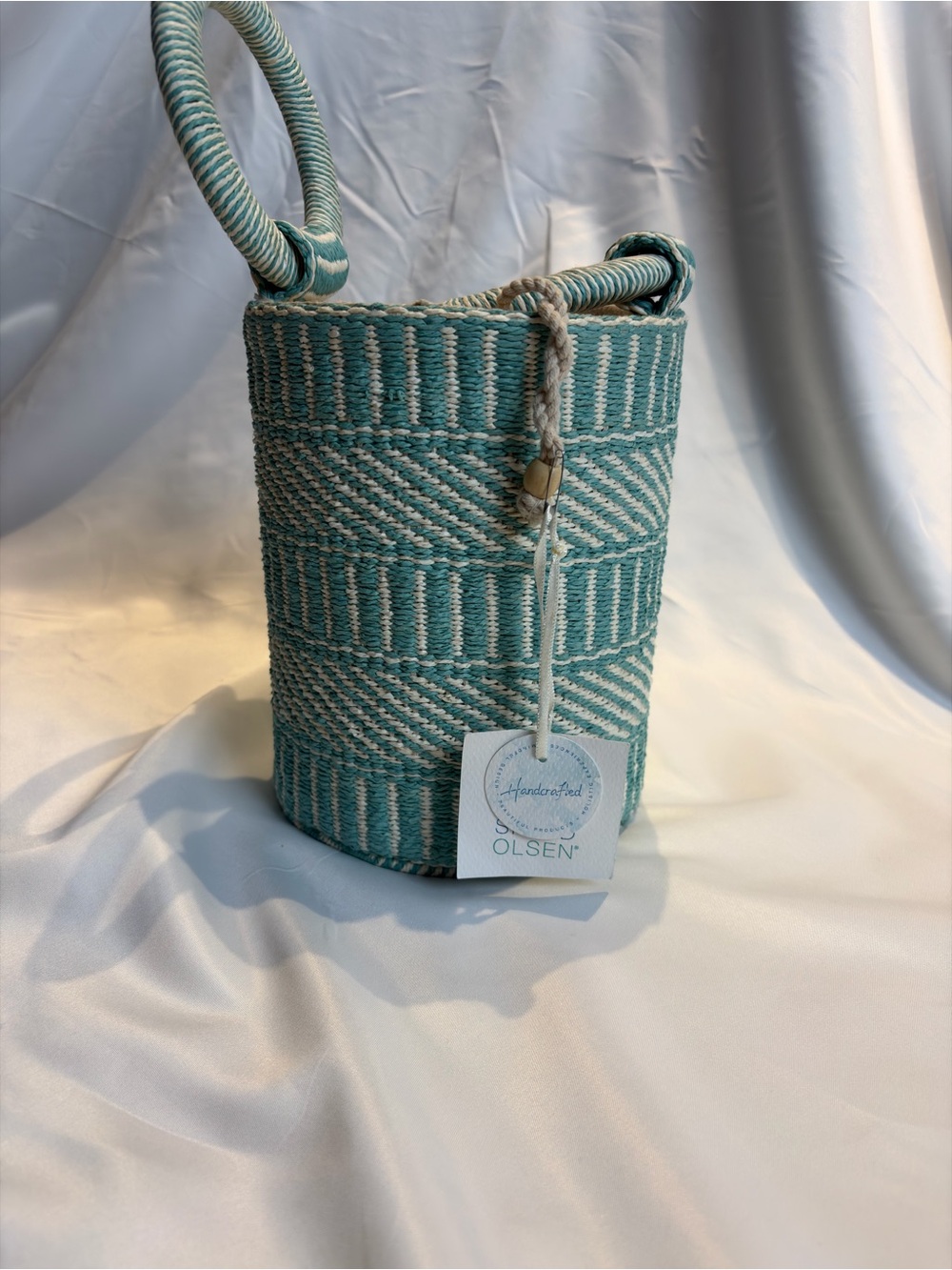 Handcrafted Olsen Woven Rope Bucket Bag Turquoise & White Coastal Boho Tote